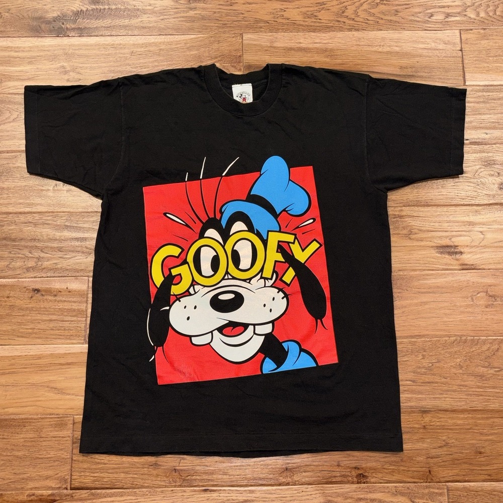 Vtg Mickey & Co. Goofy Big Logo Black T-Shirt 90's One Size Single Stitch